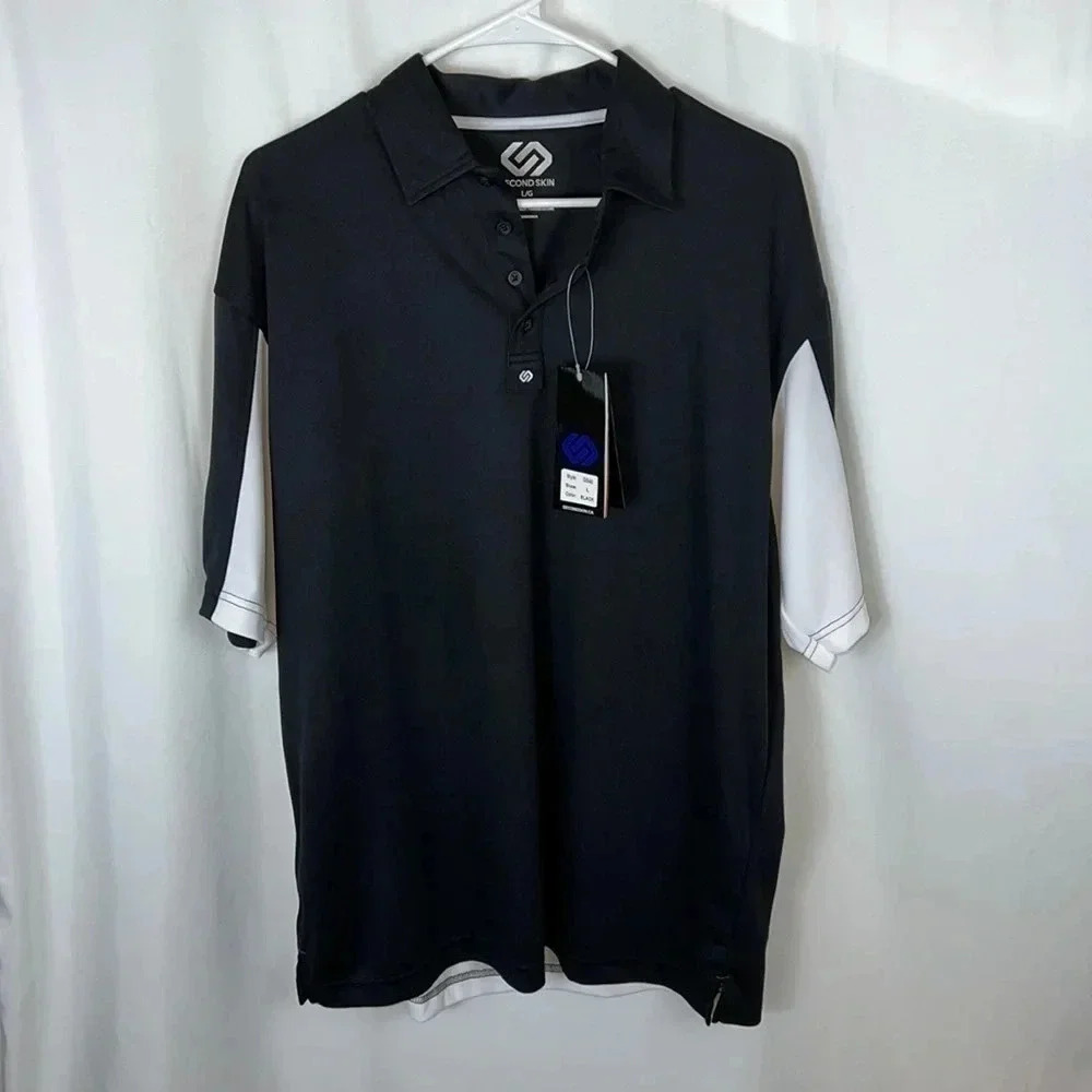 Second Skin Athleisure Athletic Golf‎ Polo Shirt NWT Black White Large GS40